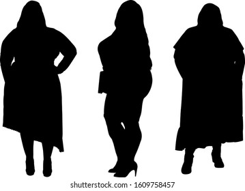 Set of silhouettes of obese women. Dumplings, women XXL size.
Beautiful curvy women. Overweight ladies. Fat females.
Vector illustration.