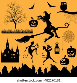 Set silhouettes of objects and characters on a Halloween theme Stock vector illustration