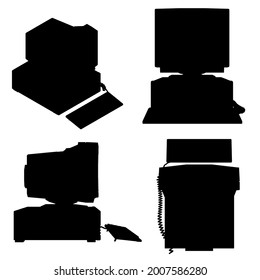 Set with silhouettes of an old computer in different positions isolated on a white background. Vector illustration