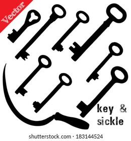 Set of silhouettes old keys and sickle, isolated on white vector