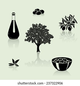 set of silhouettes: olive tree, branch, fruit on a light background