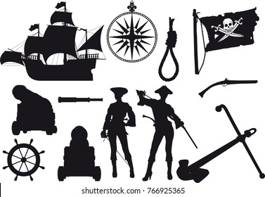 Set of silhouettes on a pirate theme black isolated on white background