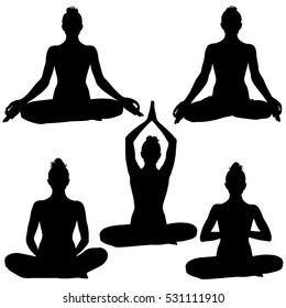 Set of silhouettes on woman practicing meditation in padmasana yoga pose with different arms positions. Yoga meditation workout. Yoga girl icons for healthy life conception.