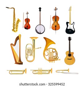 Conjunto con Silhouettes of Orchestra Musical Instruments aislado en fondo blanco, Ilustraciones de colores vectoriales de blues, rock y jazz