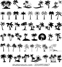 Set of silhouettes of palm tree, vector of palm tree, Black beach trees set isolated on white background. Palm silhouettes. Design of palm trees for posters, banners and promotional items. 