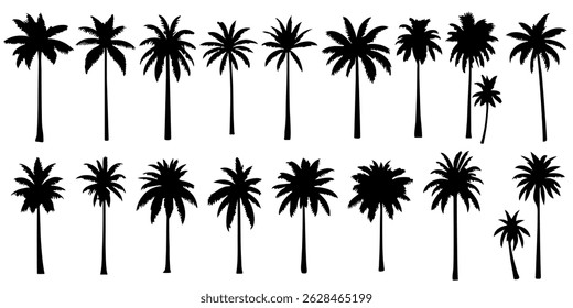 Set silhouettes of palm trees on a white background in a minimalist style. Ideal for tropical, summer and travel themes. Vector for posters, backgrounds, prints, web design and printing.