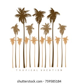 Set of silhouettes of palm trees in a realistic style in brown color. Vector image isolated on white.