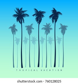 A set of silhouettes of palm trees in a realistic style on a yellow bright blue background with the inscription "tropical vacation" .Vector image.