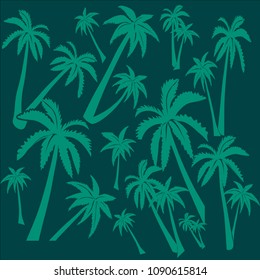  Set of silhouettes of palms isolated on green background, exotic symbol