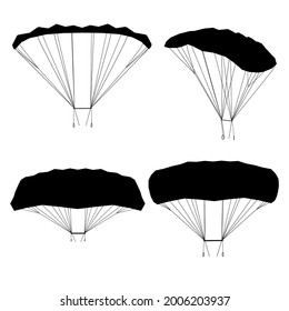 Set with silhouettes of parachute in different positions isolated on white background. Vector illustration