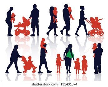 A set of silhouettes, parents and children on a walk.