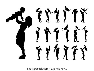 Set of silhouettes of parents playing and lifting baby children kids up vector illustration. Family playful having fun together silhouette set.	