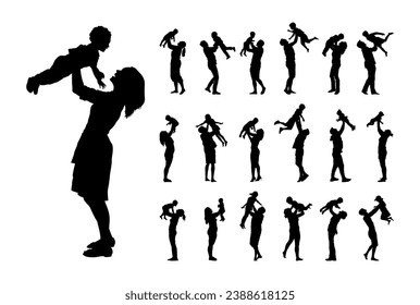 Set of silhouettes of parents playing and lifting baby children kids up vector illustration. Family playful having fun together silhouette set.