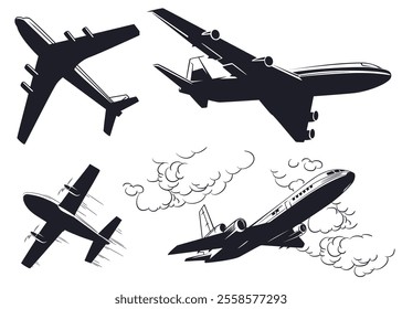 Set silhouettes passenger aircraft. Illustration concept template for website, web landing page, banner, presentation, social, poster, promotion or print media.