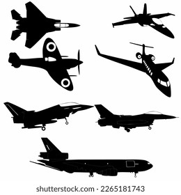 set of silhouettes of passenger airplane and military aircraft, logos, icons