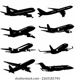 set of silhouettes of passenger airplane and military aircraft, logos, icons