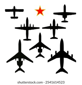 Set of silhouettes of passenger planes of the Soviet Union on a white background. Vector illustration