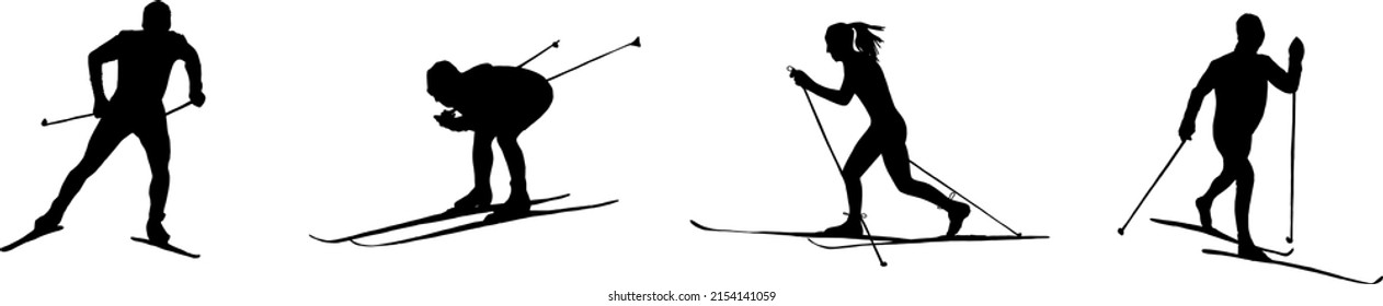 Set of silhouettes of people cross-country skiing in different positions isolated on white background. Man, woman. Black and white illustration.