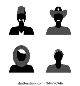 set of silhouettes of people of different nationalities in their national costumes.
