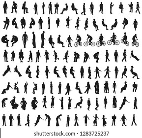 Set with silhouettes of people in different poses and situations. People stand, run, sit, play sports, ride a bicycle, dance. Vector illustration.