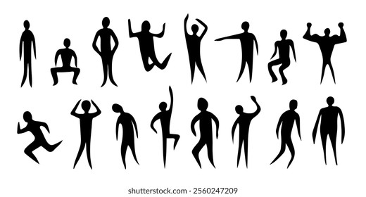 Set of silhouettes of people in different poses. Architectural people design element. Person stands, sits, jumps, points, runs, raises hands, walks. Vector illustration