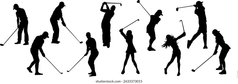  A set of silhouettes of people in different poses playing golf