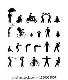 set of silhouettes of people in different situations, stick figure man sits, stands, holds zones and rides a bicycle, isolated pictograms