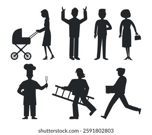 A set of silhouettes of people in different situations and different professions. Men and women.