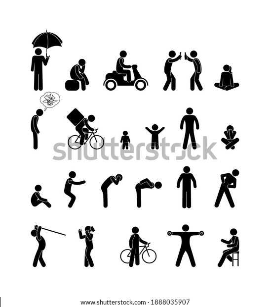 set of silhouettes of people in different\
situations, stick figure man sits, stands, holds zones and rides a\
bicycle, isolated\
pictograms