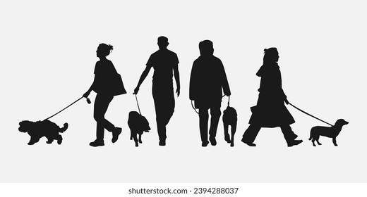 set of silhouettes of people and dogs walking. front, side, back view. isolated on white background. graphic vector illustration.