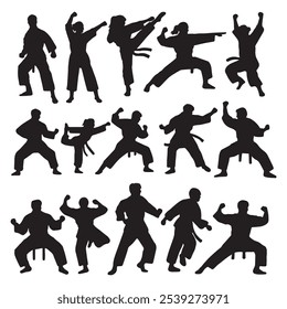 Conjunto de siluetas de personas haciendo karate. Ilustración vectorial.