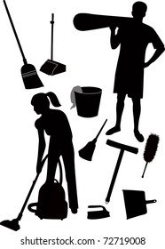 set of silhouettes of people engaged in cleaning