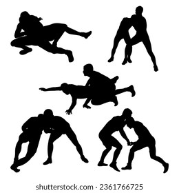 Set of silhouettes people fighting, MMA fighters. Greco Roman wrestling, fight, combating; struggle; grappling; duel, mixed martial art, sportsmanship