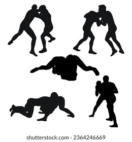 Set of silhouettes people fighting, MMA fighters. Greco Roman wrestling, fight, combating; struggle; grappling; duel, mixed martial art, sportsmanship