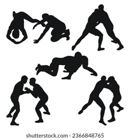 Set of silhouettes people fighting, MMA fighters. Greco Roman wrestling, fight, combating; struggle; grappling; duel, mixed martial art, sportsmanship