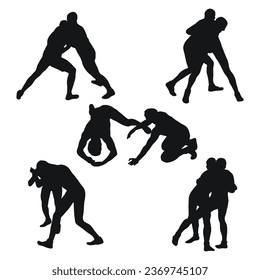 Set of silhouettes people fighting, MMA fighters. Greco Roman wrestling, fight, combating; struggle; grappling; duel, mixed martial art, sportsmanship