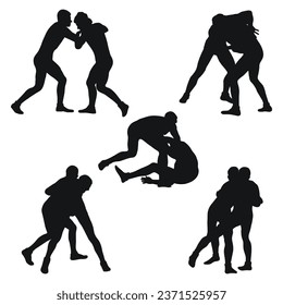 Set of silhouettes people fighting, MMA fighters. Greco Roman wrestling, fight, combating; struggle; grappling; duel, mixed martial art, sportsmanship