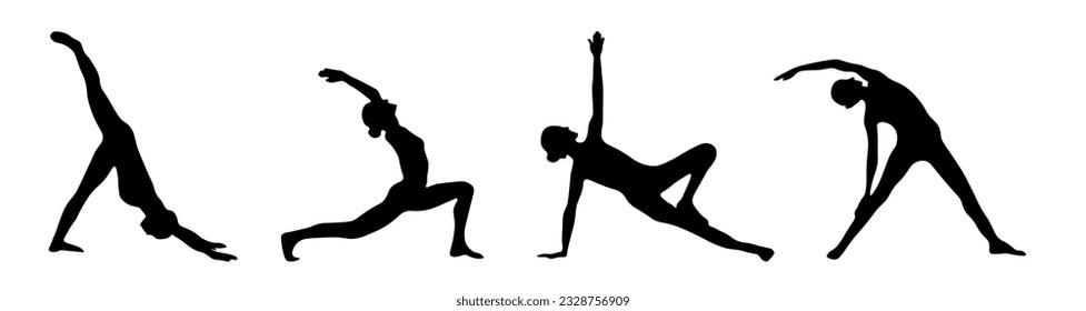 set of silhouettes of people girls women do yoga, set of yoga poses silhouettes, fitness, sports people