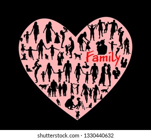 Set of silhouettes of people in the heart. Family. Childhood. Love. Vector
