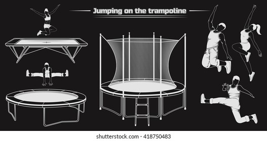 Set of silhouettes of people jumping on the trampoline. Vector image of three types of trampolines.