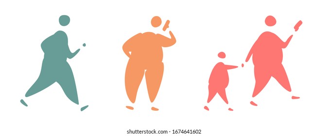 Set Of Silhouettes Of People, Lifestyle Doodles. Adult Overweight And Obese People Walking, Talking, Holding Child By Hand, Looking At The Phone, Running, Exercising.