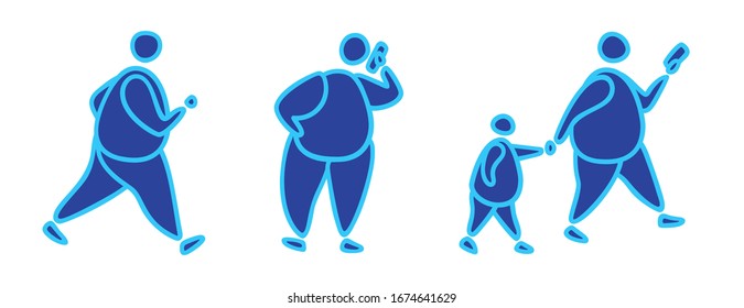 Set Of Silhouettes Of People, Lifestyle Doodles. Adult Overweight And Obese People Walking, Talking, Holding Child By Hand, Looking At The Phone, Running, Exercising.