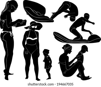 set of silhouettes of people on the beach
