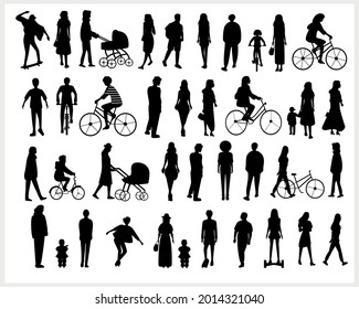 Set of silhouettes of people on a white background. Men and women with children. Sports people.