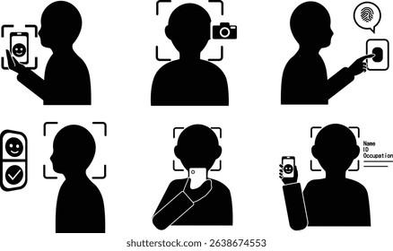 Set of silhouettes of people performing face recognition and biometric authentication