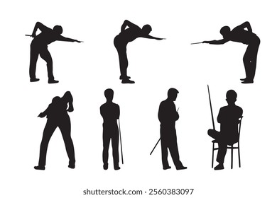 Set of silhouettes of people playing billiards isolated on white background