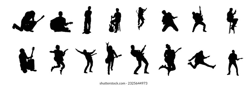 Set of silhouettes of people playing guitar