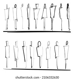 Set of silhouettes of people in poses. Hand drawn scribble lines people set. Hand drawn lines, underline strokes, doodle lines in pencil. Isolated on white background. EPS Vector