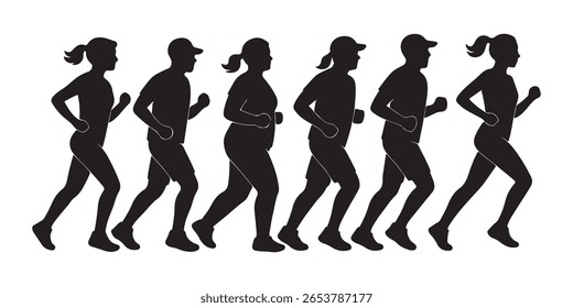 set silhouettes of people running pose
