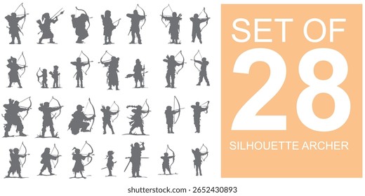 A set of silhouettes of people shooting archery with stylized crossbows holding up arrows